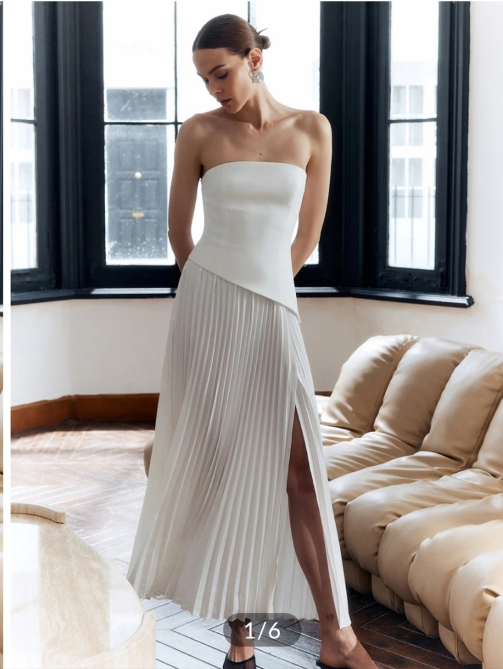 Commense White Strapless Pleated Split Midi Dress